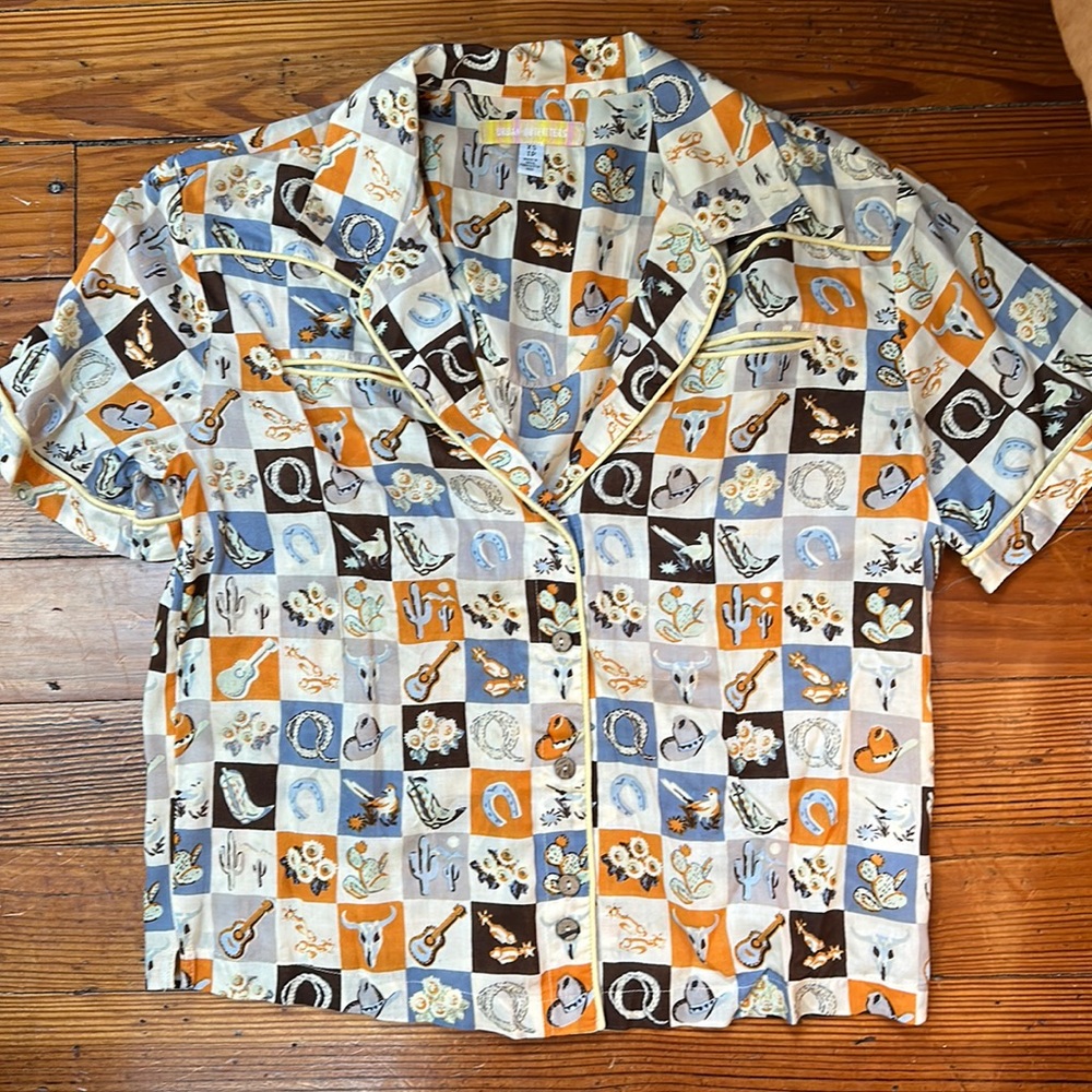 Urban Outfitters Crop Button-Down Shirt in Blue, Orange, Brown, Cream
